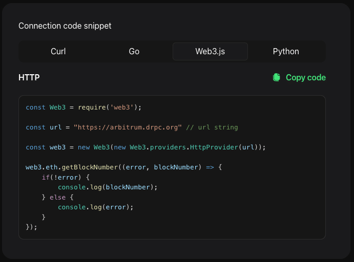 Connection code snippet for Arbitrum RPC.