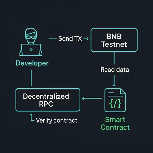 BNB Testnet RPC connection diagram showing developer, decentralized RPC, and smart contract interaction flow