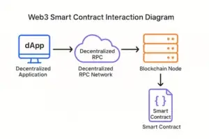 Web3 smart contract interaction diagram showing dApp, decentralized RPC, blockchain node, and smart contract flow