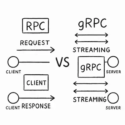 Hand-drawn black and white diagram comparing RPC and gRPC, showing single request–response for RPC versus bidirectional streaming for gRPC.