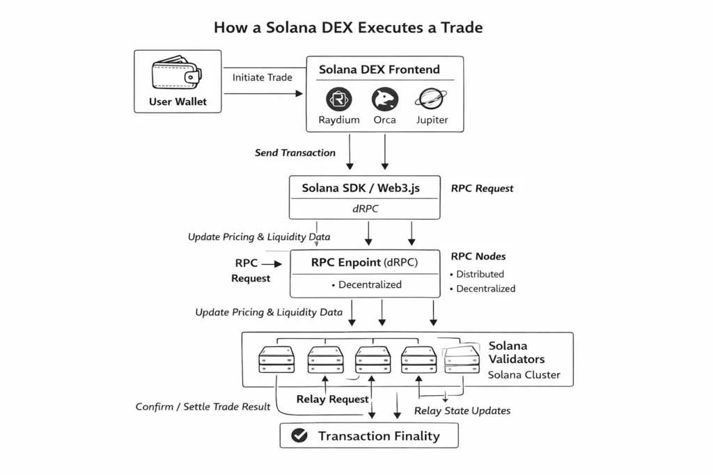 Solana DEX execution flow using RPC endpoints and validator nodes
