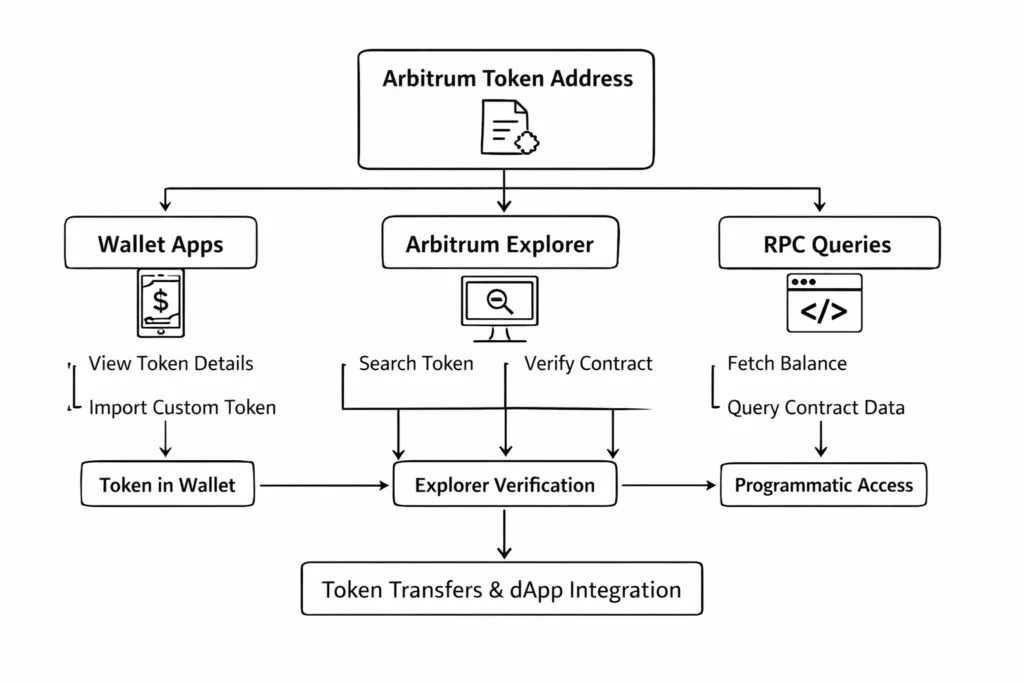 Arbitrum token address discovery flow showing wallet, block explorer, and RPC queries for token balances and smart contract interactions