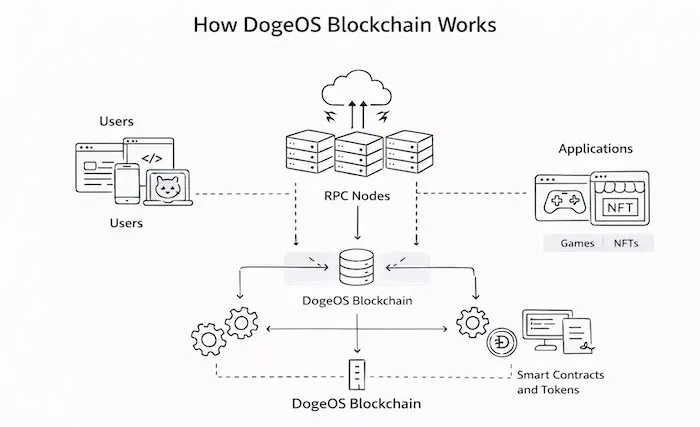 Diagram showing how DogeOS users and applications interact with the DogeOS blockchain through RPC nodes and smart contracts.