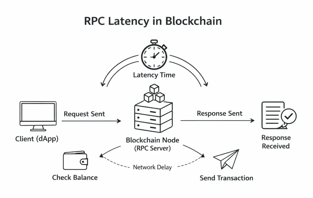 Blockchain RPC latency diagram showing request response flow between dApp and node