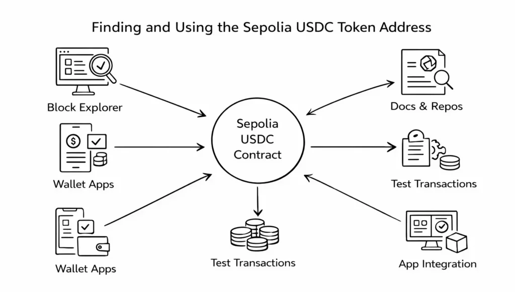 Diagram showing how developers find and use the Sepolia USDC token address via block explorers wallets and RPC calls