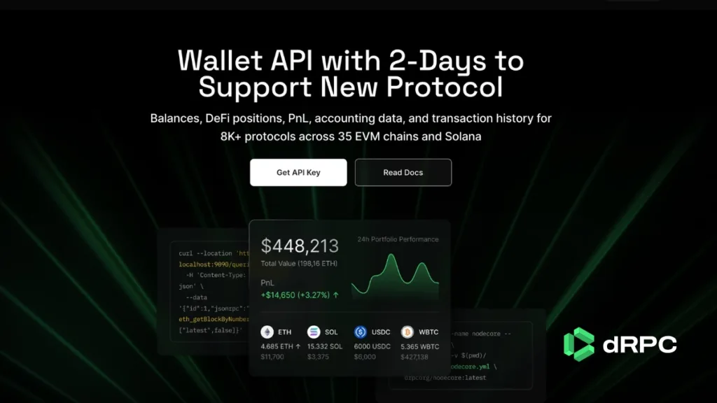 A crypto wallet API that returns balances, DeFi positions, and PnL across 8,000+ protocols, 35+ EVM chains, and Solana in one call.
