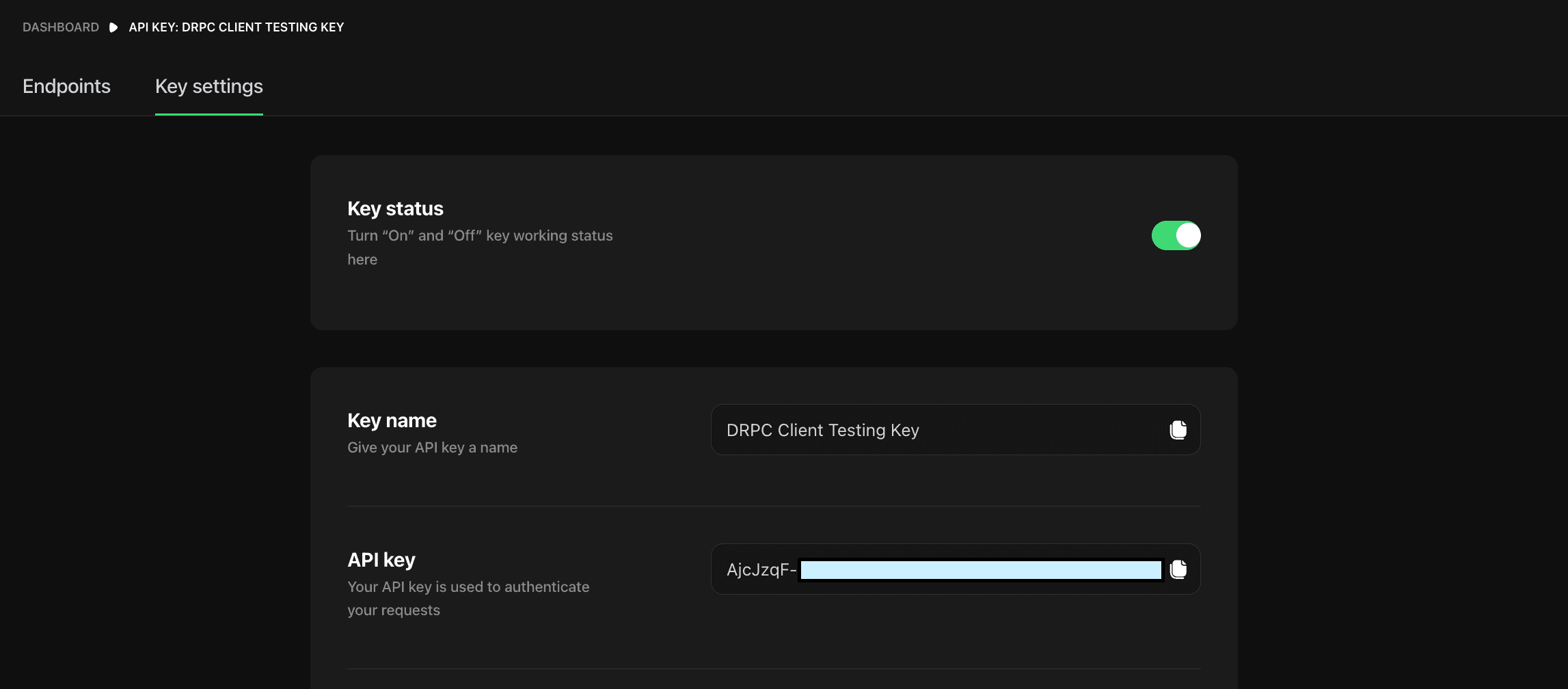 Example of the key value on Settings page